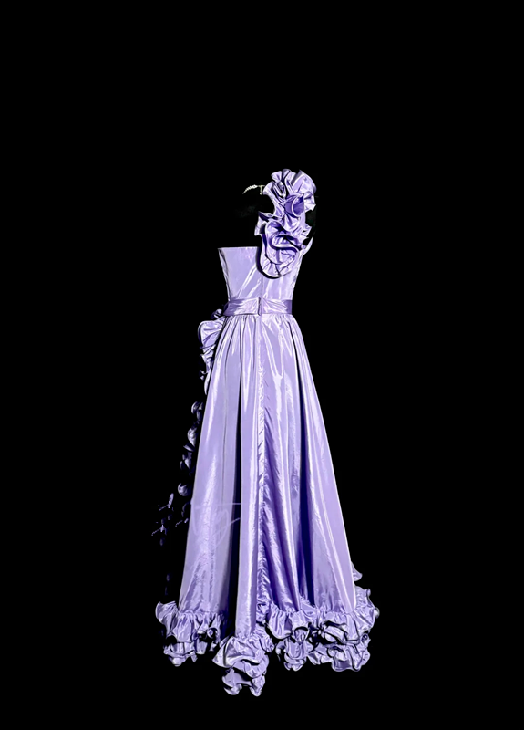 Purple one-shoulder fitted waist slim-fitting long ball gown with lace skirt R6669