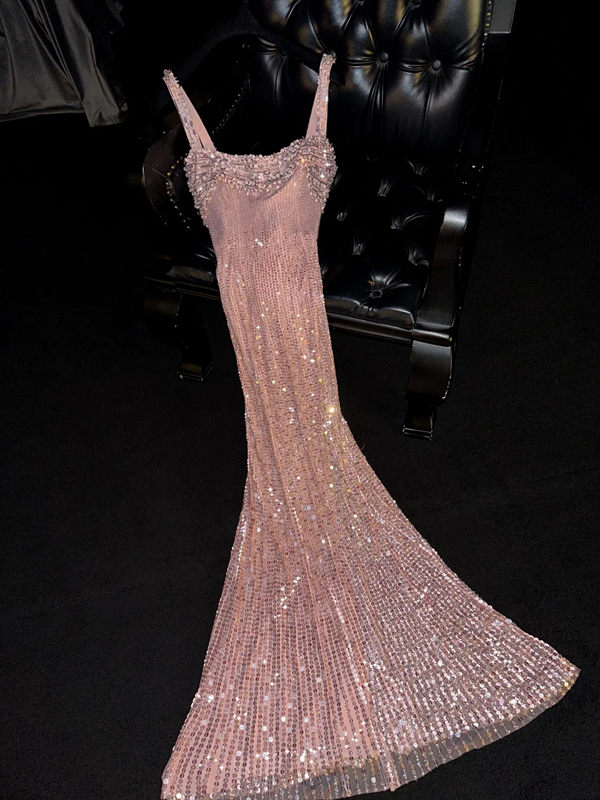 Light pink sequined halter-neck fitted long ball gown/bridal dress R8815