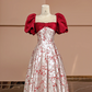 Red square neckline, fitted waist, elegant long ball gown with red floral print; bridal gown R8389