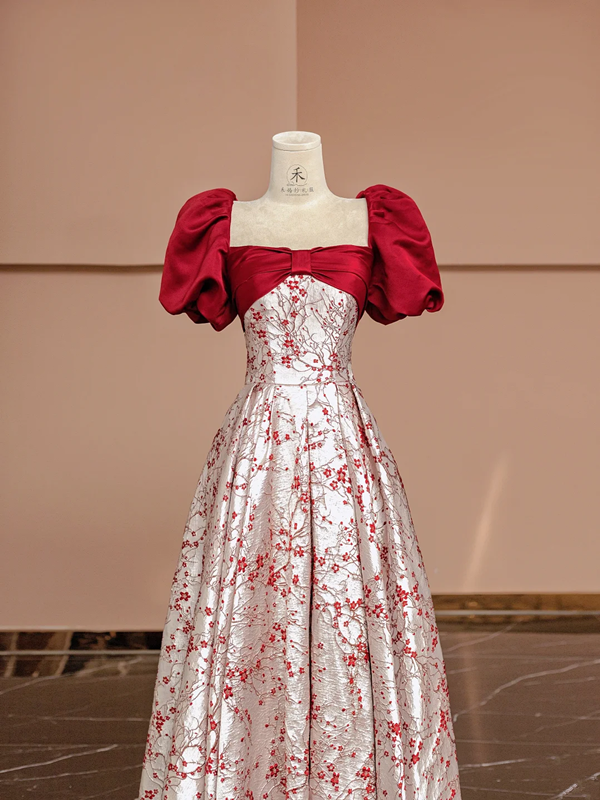 Red square neckline, fitted waist, elegant long ball gown with red floral print; bridal gown R8389