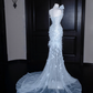 Light blue sequined tube-top slim-waisted hip-hugging fishtail maxi skirt, prom dress R5674