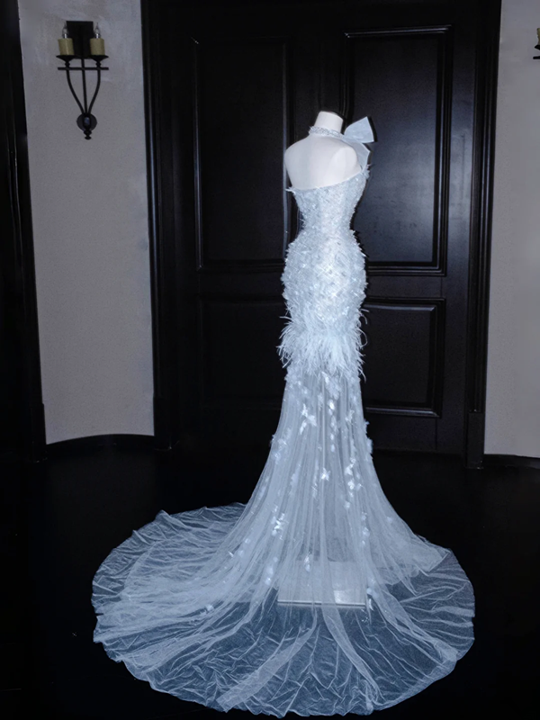 Light blue sequined tube-top slim-waisted hip-hugging fishtail maxi skirt, prom dress R5674