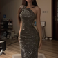 Grey halter-neck sequined fitted long ball gown R8072