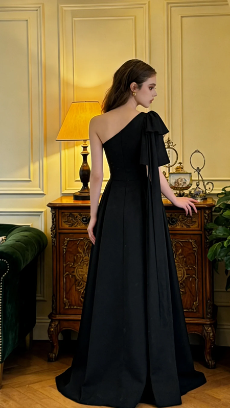 Black one-shoulder, fitted waist, A-line long ball gown R8601