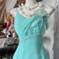 Lake blue halter-neck fitted long dress, ball gown R6348