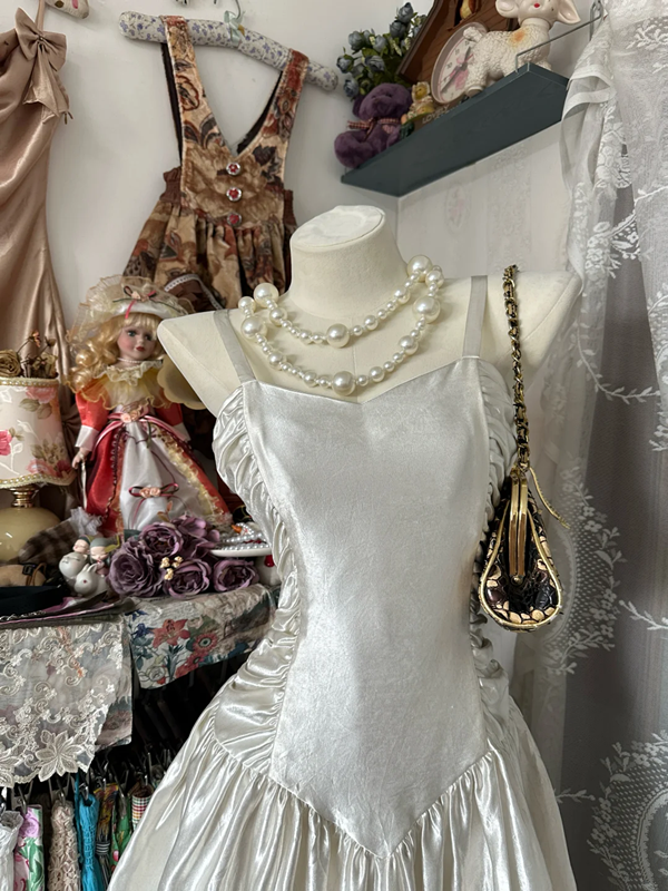 White satin suspenders waist slim fit sexy A-line skirt ball gown R6149