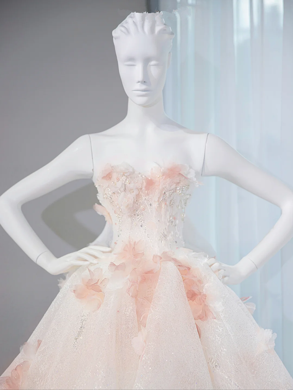 Light pink strapless, fitted waist, full-skirted ball gown, bridal dress R9025