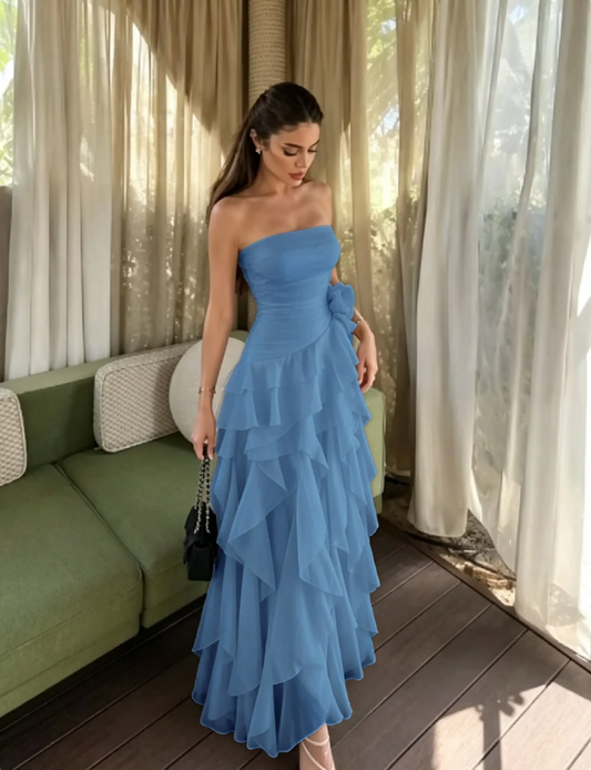 Ruffled Flowy Strapless Corset Prom Gown , Blue Women's Maxi Evening Dress Party Dress RS2535