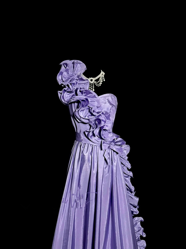 Purple one-shoulder fitted waist slim-fitting long ball gown with lace skirt R6669