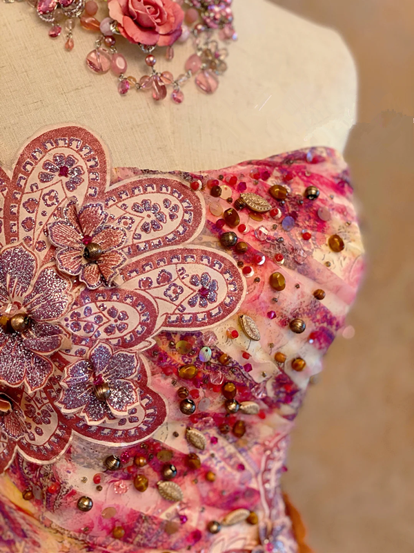 Pink Floral Print Strapless Waist-Cinched Elegant Floor-Length Ball Gown, Bridal Gown R7354