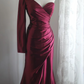 Deep red one-shoulder long-sleeved fitted satin ball gown, bridal dress R6828