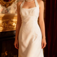 White halter-neck fitted long ball gown R6709