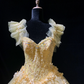 Light yellow square neckline fitted waist puff skirt long ball gown R8696