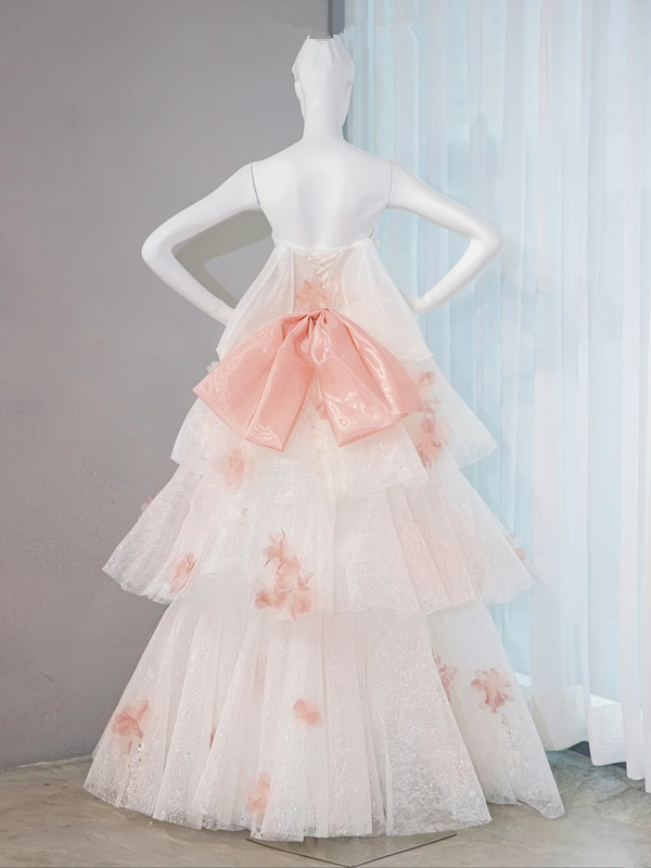 Light pink strapless, fitted waist, full-skirted ball gown, bridal dress R9025
