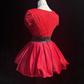Red short-sleeved square collar waist slim fit short dress homecoming dress R4896