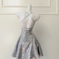 Silver sequined suspenders waist open back sexy A-line mini skirt homecoming dress R5018