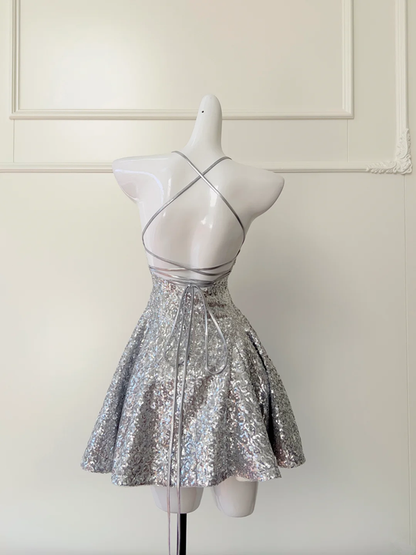 Silver sequined suspenders waist open back sexy A-line mini skirt homecoming dress R5018
