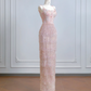 Light pink halter-neck fitted bodycon long ball gown with tassel skirt R8213