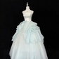 White strapless fitted waist, light green tulle skirt, long ball gown R9055