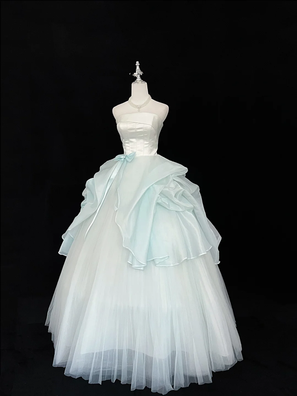 White strapless fitted waist, light green tulle skirt, long ball gown R9055