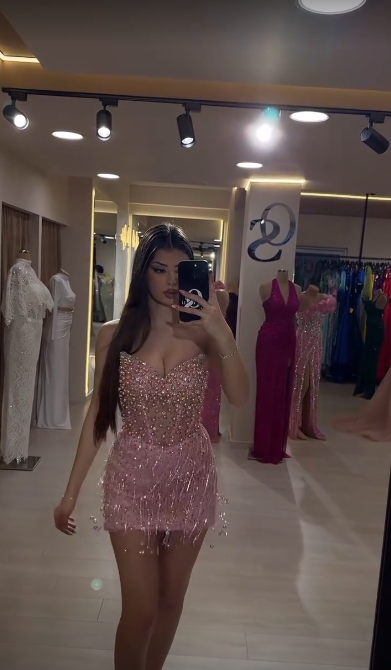 Pink tube top waist glitter diamond sewn beaded hip skirt homecoming dress R5478