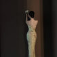 Light green spaghetti‑strap printed waist‑cinched slim‑fit sexy bodycon long prom gown R8014