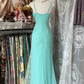 Lake blue halter-neck fitted long dress, ball gown R6348