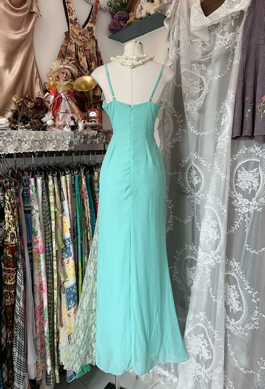 Lake blue halter-neck fitted long dress, ball gown R6348