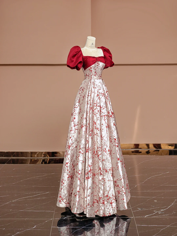 Red square neckline, fitted waist, elegant long ball gown with red floral print; bridal gown R8389