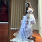Light blue off-the-shoulder fitted waist short skirt with train ball gown R8632