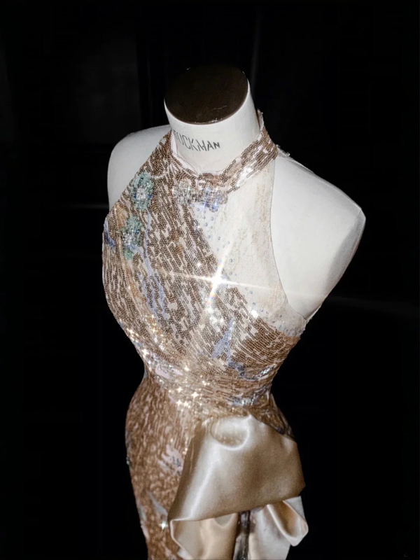 Champagne pink sequined sleeveless waist slim hip long skirt, prom dress R5638