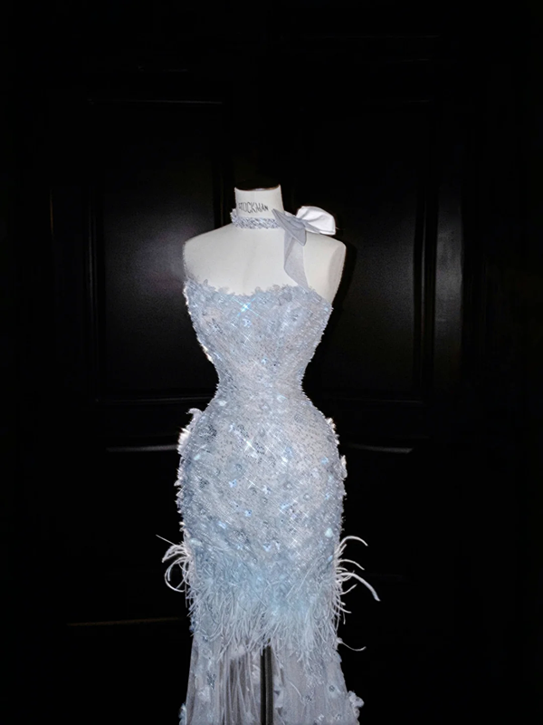 Light blue sequined tube-top slim-waisted hip-hugging fishtail maxi skirt, prom dress R5674