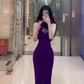 Purple halter-neck sleeveless fitted waist bodycon long ball gown R7895