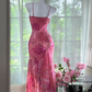 Pink floral print halter-neck fitted long ball gown R7624