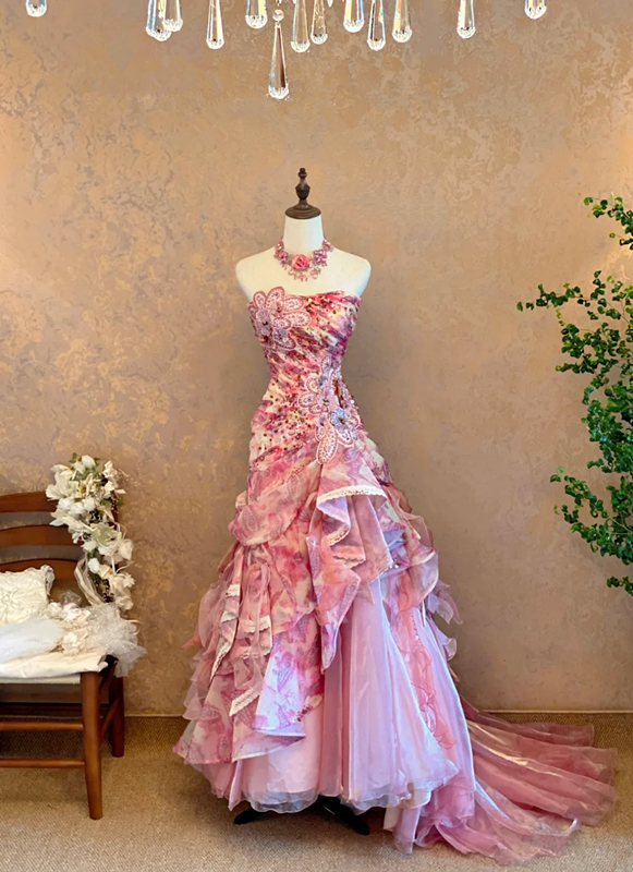 Pink Floral Print Strapless Waist-Cinched Elegant Floor-Length Ball Gown, Bridal Gown R7354