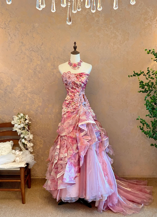 Pink Floral Print Strapless Waist-Cinched Elegant Floor-Length Ball Gown, Bridal Gown R7354