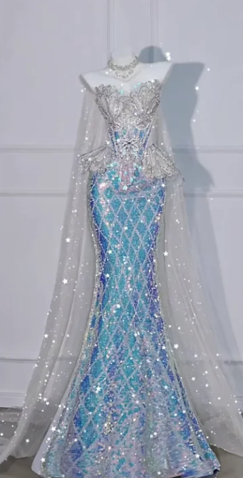 Blue Strapless Crystal-Embellished Waist-Cinched Slim-Fit Mermaid Hem Ball Gown R7147