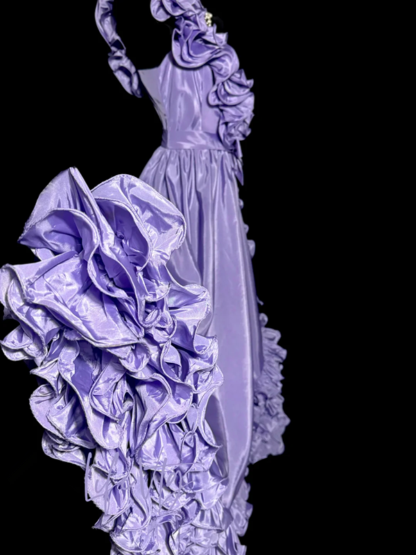 Purple one-shoulder fitted waist slim-fitting long ball gown with lace skirt R6669