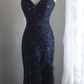 Navy blue strapless, fitted waist, sequined, sexy long ball gown R6788