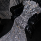 Silver sequined round neck fitted waist long ball gown, bridal dress R8785