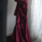 Deep red one-shoulder long-sleeved fitted satin ball gown, bridal dress R6828