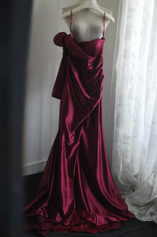 Deep red one-shoulder long-sleeved fitted satin ball gown, bridal dress R6828