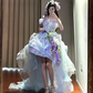 Light blue off-the-shoulder fitted waist short skirt with train ball gown R8632