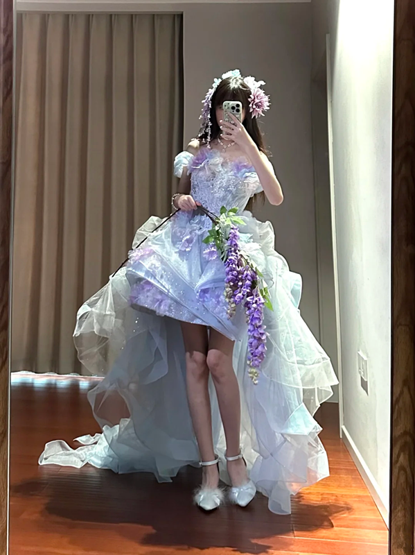 Light blue off-the-shoulder fitted waist short skirt with train ball gown R8632