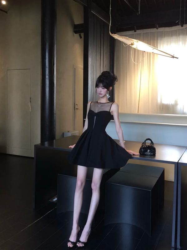 Black sleeveless slim waist tutu short homecoming dress R5058