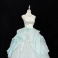 White strapless fitted waist, light green tulle skirt, long ball gown R9055