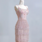 Light pink halter-neck fitted bodycon long ball gown with tassel skirt R8213