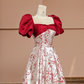 Red square neckline, fitted waist, elegant long ball gown with red floral print; bridal gown R8389
