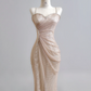 Light champagne-colored halter-neck fitted waist bodycon long ball gown R8185