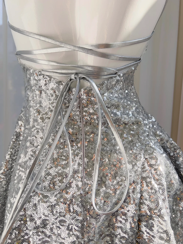 Silver sequined suspenders waist open back sexy A-line mini skirt homecoming dress R5018